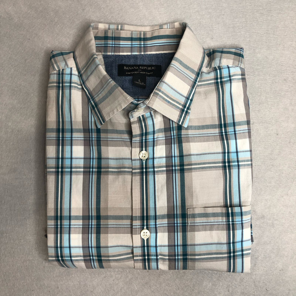 Banana Republic Mens Large Short Sleeve Shirt‎ Teal Gray White Plaid Slim Fit
